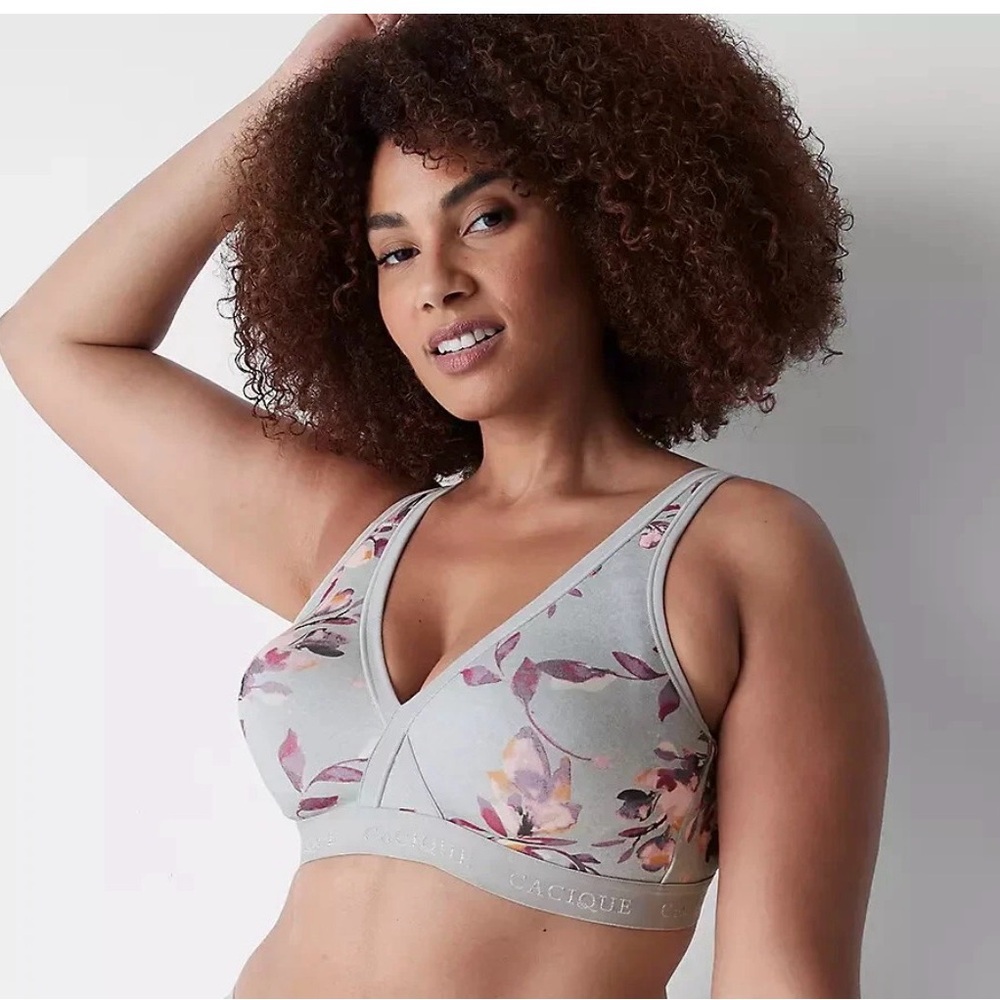 Cacique lightly lined crossover wireless bra‎ cotton-blend grey w!floral 42DD